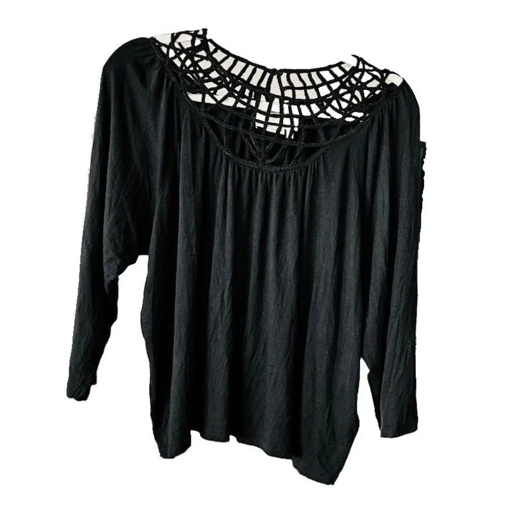 Anthropologie Graciela Black Cutout Lattice Neck 3/4 Sleeve Top M Gothic Witchy